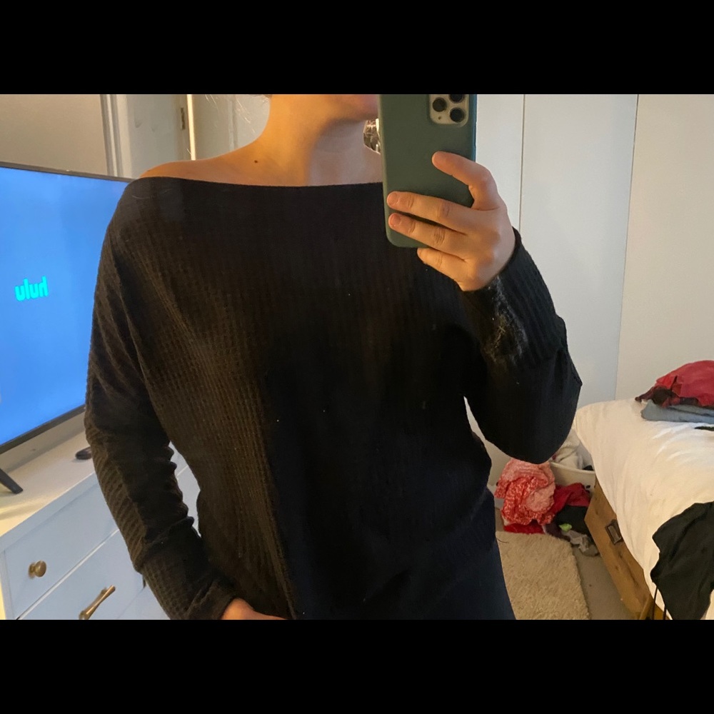 Open neck / off the shoulder waffle knit sweater